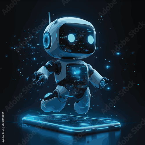 AI assistant bot flying out of a smartphone screen