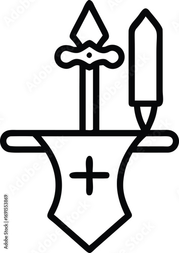 Medieval blacksmith anvil with sword and hammer outline icon design for print