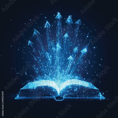Abstract digital open book and light blue growth arrows