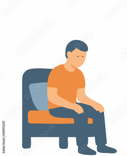 Vector illustration of a sad and lonely young man sitting in an armchair, feeling depressed and dealing with mental health issues or grief