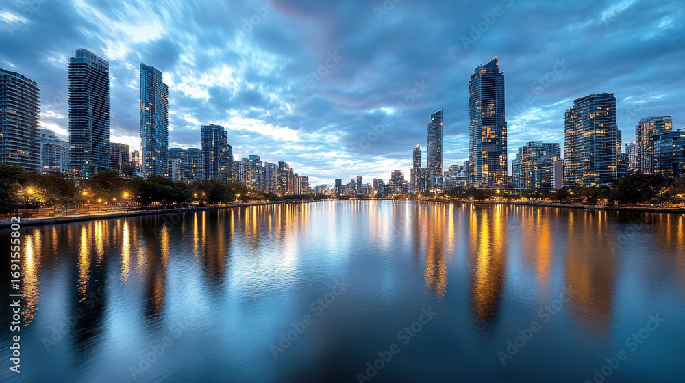 Obraz premium City skyline with glowing river reflections, modern architecture, and vibrant lights create