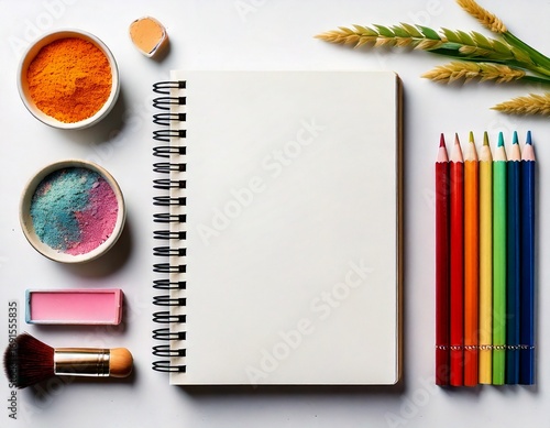 Artistic flat lay with notebook colored pencils and makeup brush white background 