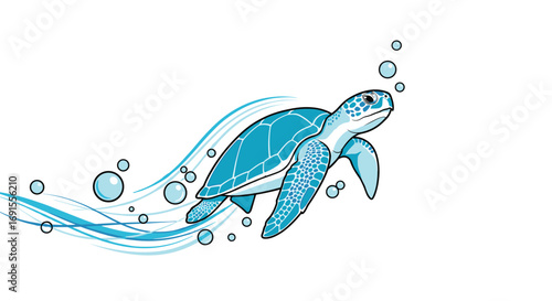 Sea turtle swimming gracefully through ocean waves with playful bubbles in bright blue tones