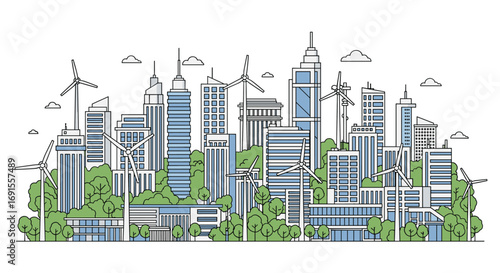 Visualize a sustainable city skyline showcasing wind power and green spaces for eco-friendly urban planning