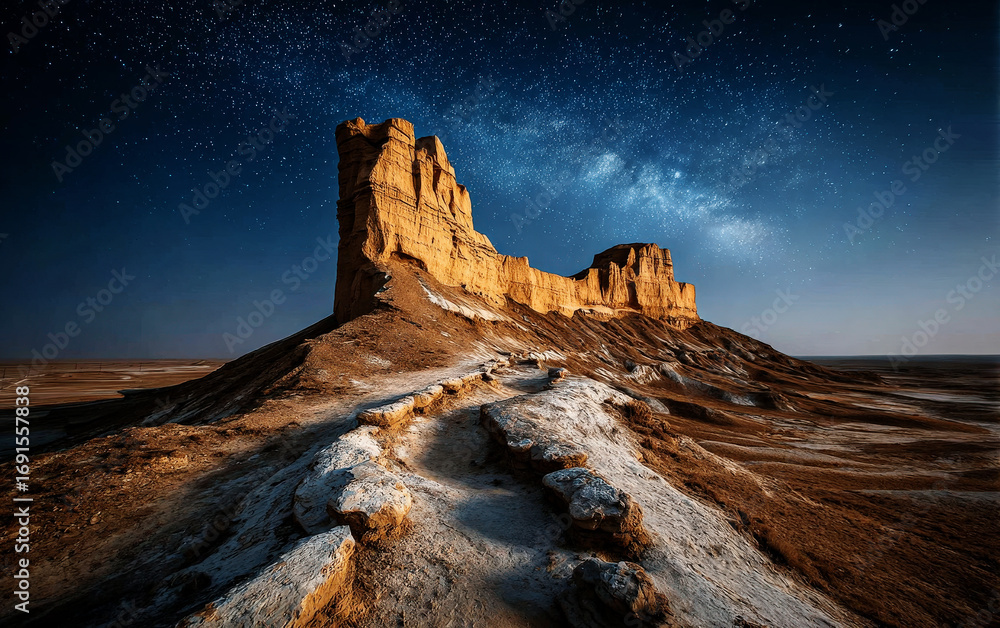 Obraz premium Starry Night Over Desert Rock Formation with Milky Way