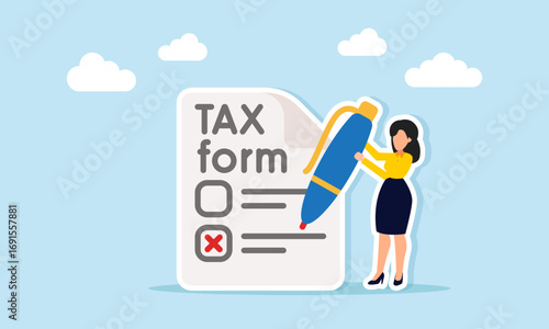 Businesswoman writing with pen on tax form illustration of data input for company tax purposes