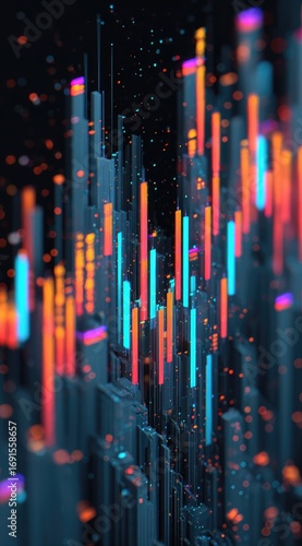 Abstract blocks rise in a digital landscape, punctuated by vibrant blue and orange light, creating a futuristic cityscape illusion