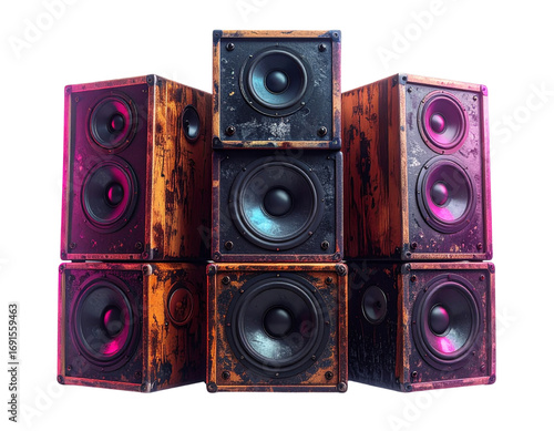 Pile of Vintage Speakers with Neon Glow – Futuristic Retro Style
