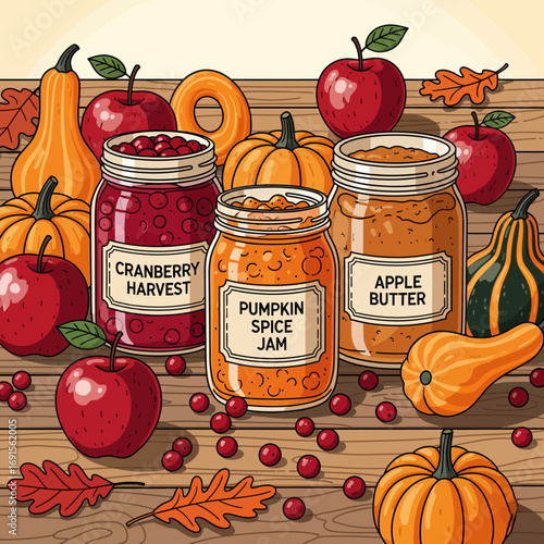 A vibrant illustration of autumn harvest elements, including jars of preserves, pumpkins, and apples.