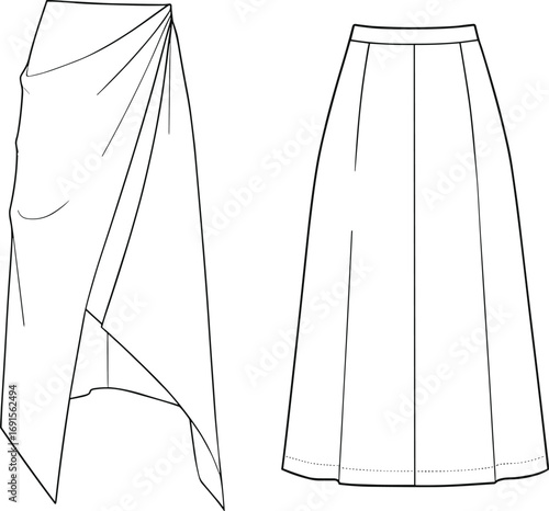 Asymmetrical and pleated skirt fashion CAD drawing, flat technical sketch, women’s clothing vector template for garment production illustration