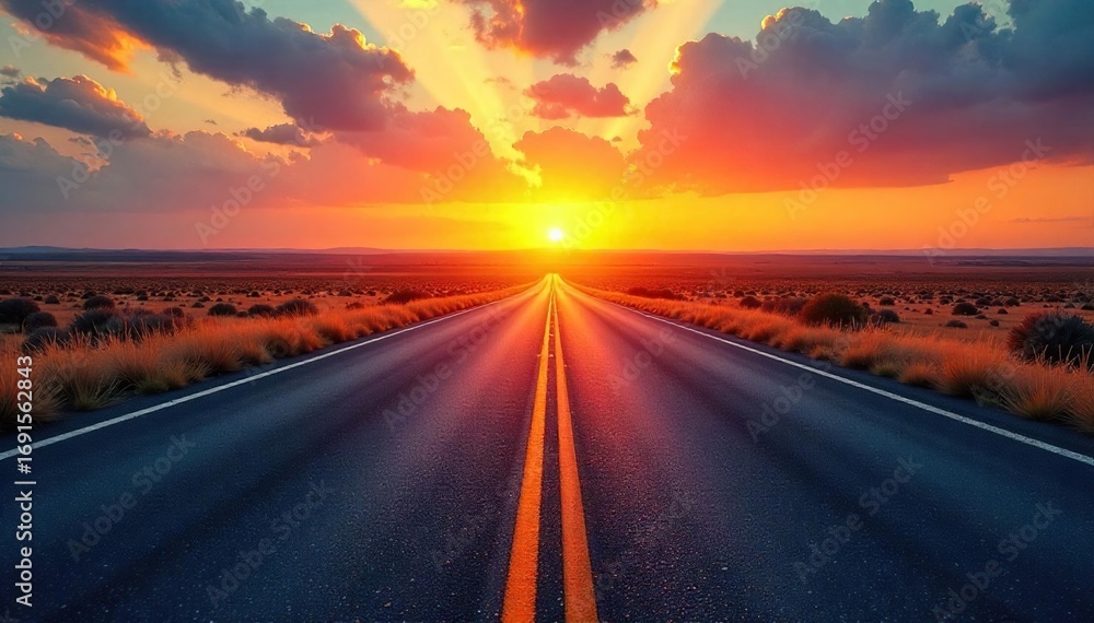 Naklejka premium Endless asphalt ribbon stretching towards a vibrant sunset horizon, promising adventure and freedom on the open road Perfect for travel, wanderlust, and vacation themes , asphalt, warm, golden hour