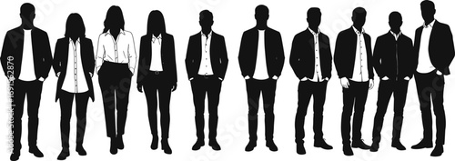 Silhouettes of Business People in Formal Office Attire, Standing in Group, Vector Illustration for Corporate, Presentation, and Design Use