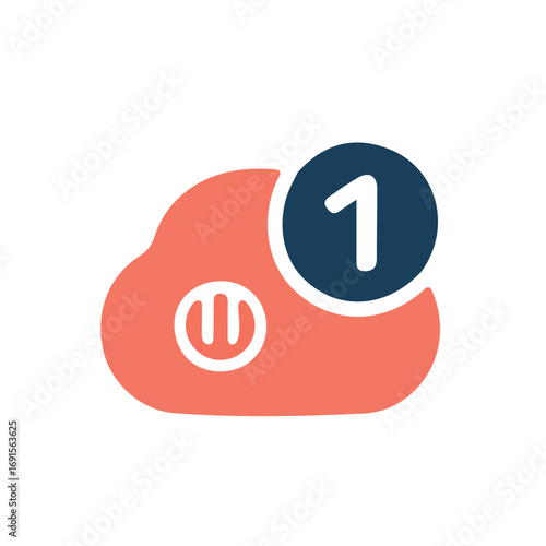 Coral cloud icon with a dark blue circle containing the number one Keywords: cloud, icon, symbol, notification