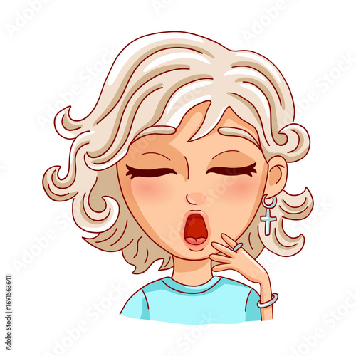 Female person is yawning. Bored woman isolated on white background. Vector illustration.