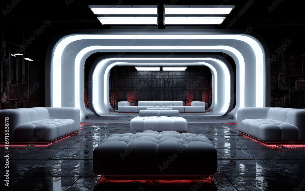 Fototapeta premium Futuristic interior with sleek white sofas and neon lights