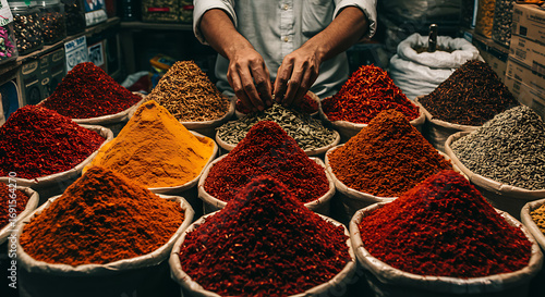Fototapeta Naklejka Na Ścianę i Meble -  A vendors hands sift through a colorful array of aromatic spices displayed in large bowls at a bustling market stall, showcasing a vibrant and diverse culinary ingredient selection