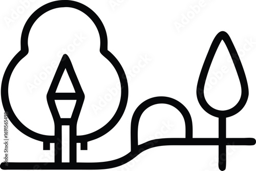 Minimalist park landscape with trees and shrubs in simple black line design