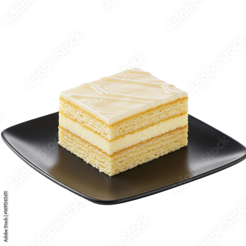 Creamy vanilla layer cake slice on dark plate isolated on white background