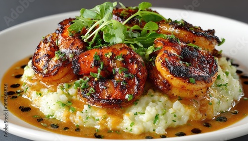 Grilled shrimp atop creamy grits