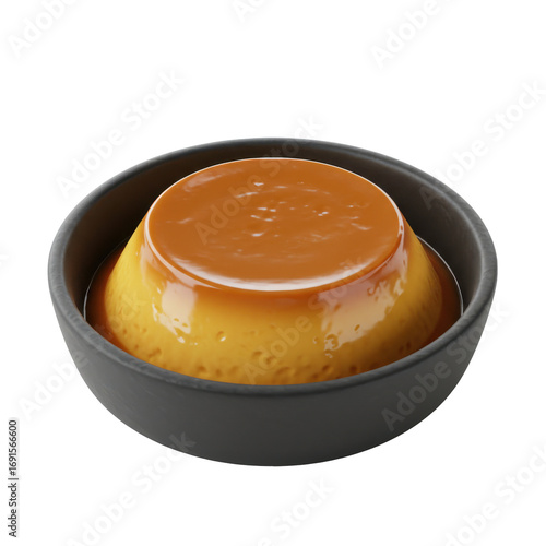 Creamy caramel flan dessert in a dark gray ceramic bowl close up isolated on white background