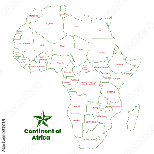 Vector Africa map outline shape. The continent of Africa. Each country of Africa continent out line shape on the solid background.