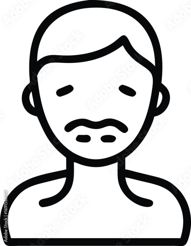 Minimalistic outline illustration of a sad man with a mustache and drooping eyes