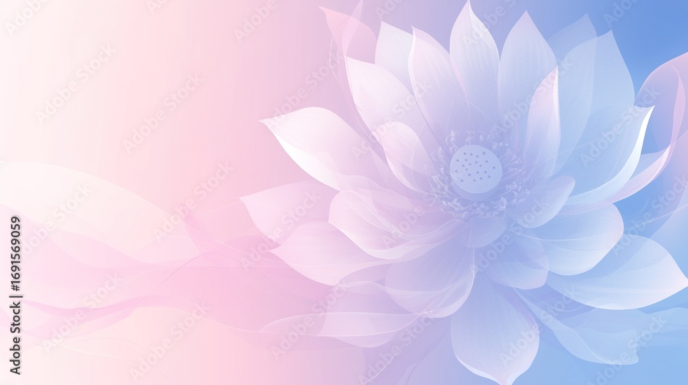 Obraz premium In the middle of a light pink and blue gradient background, there is a delicate lotus flower, creating an elegant atmosphere, suitable for presentations or design projects.