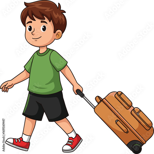 Cartoon boy walking with suitcase, perfect for travel, vacation, summer trip, school holiday, and educational tourism-themed vector designs.Cartoon boy walking with suitcase, perfect for travel, 