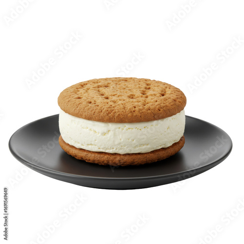 Round ice cream sandwich with golden brown cookies on a matte black plate isolated on white background