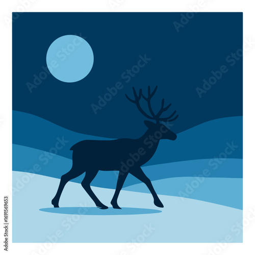 Reindeer Crossing Snow under Full Moon – Minimal Arctic Vector