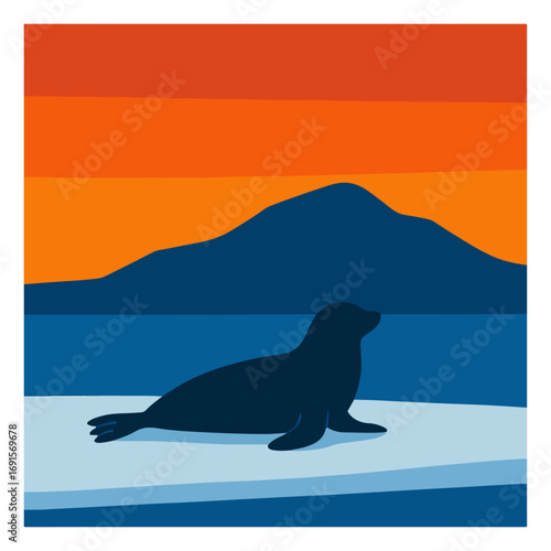 Seal Resting on Ice Floe at Dusk – Flat Polar Landscape