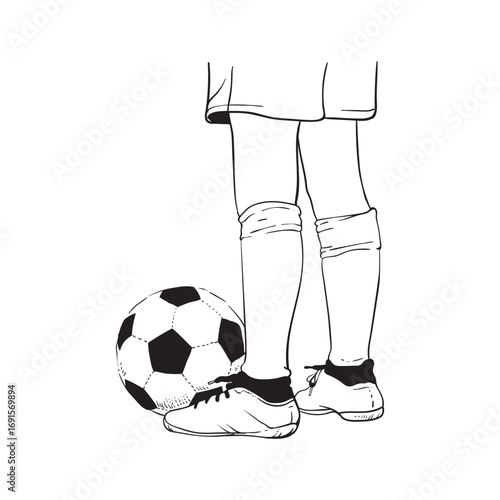 Line drawing of children's feet with a ball and shoes