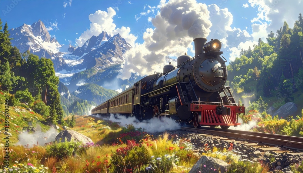Fototapeta premium A vintage steam train travels through a scenic mountain valley, surrounded by lush greenery and wildflowers, under a vibrant blue sky.