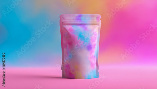 A vertical stand up pouch with a marbled tie dye pattern in vibrant pastel colors against a soft gradient background
