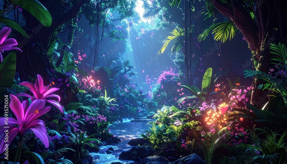 Obraz premium A vibrant tropical forest scene filled with luminous flowers and glowing flora, bathed in a magical, otherworldly light.