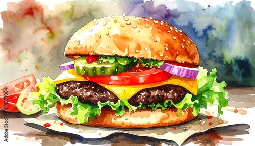 Watercolor illustration of a gourmet burger