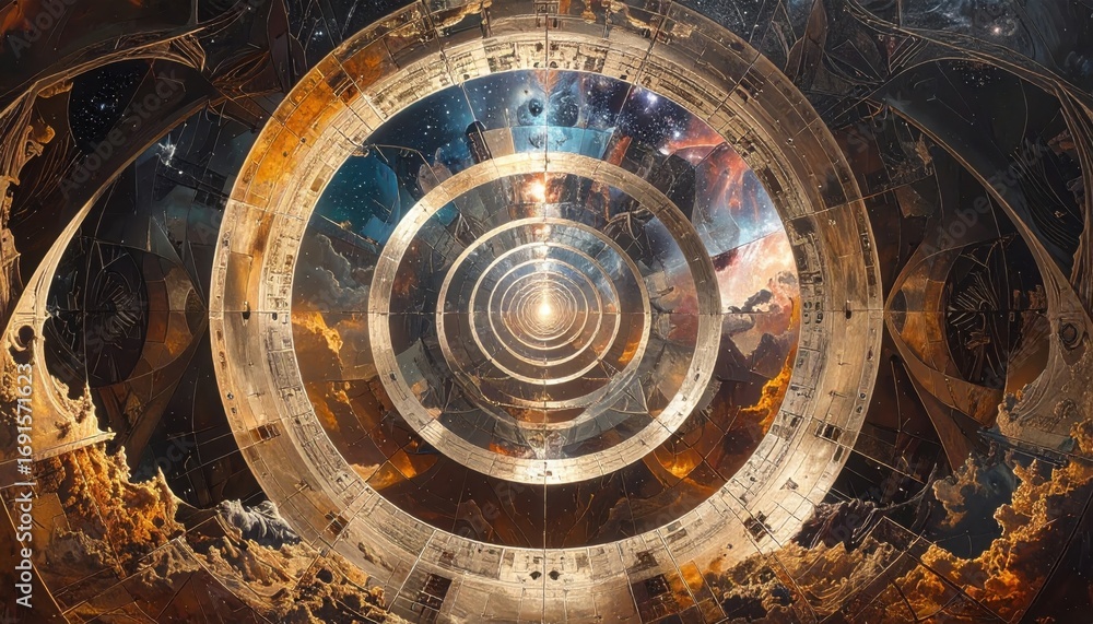 Fototapeta premium A captivating circular design, showcasing a series of concentric rings filled with celestial imagery and intricate patterns, creating an otherworldly and mesmerizing effect.