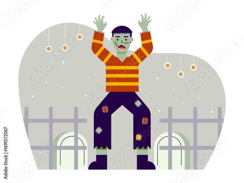 Man dressed as Frankenstein for Halloween costume party. Trick or treat vector illustrations. Flat vector illustrations.