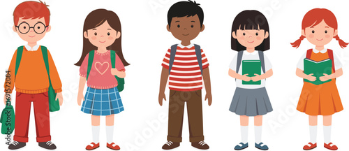 Cartoon illustration of diverse school children standing with books and backpacks, ideal for education, classroom, learning, and student concepts.