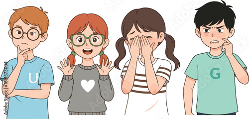 Cartoon kids showing different emotions like happy, sad, angry, thinking, expressive emotional faces illustration for education and psychology content