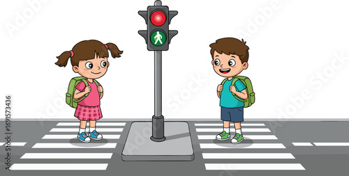 Cartoon school children waiting at pedestrian crossing with traffic light, road safety education illustration for kids, street awareness vector sceneCartoon school children waiting at pedestrian 