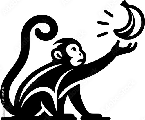 Minimalist black and white vector icon of a monkey grabbing a banana, clean lines, modern style, scalable, perfect for stickers, logos, or digital use