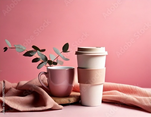 Soft pink aesthetic with coffee cup and eucalyptus branch 