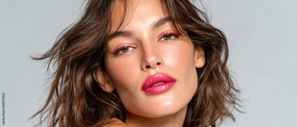 Fototapeta premium Y2K style Beauty Portrait — Graphic Chocolate Liner, Vinyl Pink Lips, Copy-Space Banner Ad Mockup