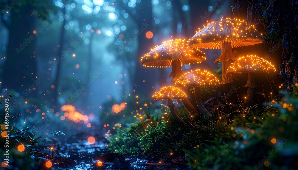 Fototapeta premium realistic, macro photograph of a bioluminescent mushroom forest,