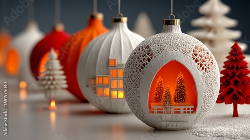  Festive paper-cut Christmas ornaments, warm glowing red and white, displaying miniature winter trees