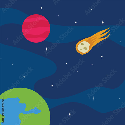 Space featuring planets stars and a comet trail.