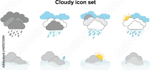 A comprehensive vector icon set illustrating diverse weather conditions, including sunny, cloudy, rainy, and partly cloudy skies with precipitation.