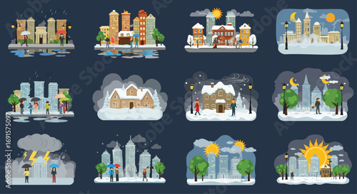 A comprehensive collection of urban and residential landscapes illustrating diverse weather conditions and seasonal changes throughout the year.