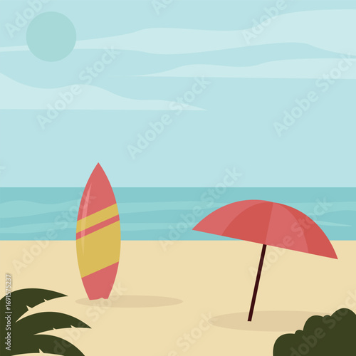 Beach scene with a surfboard and umbrella.